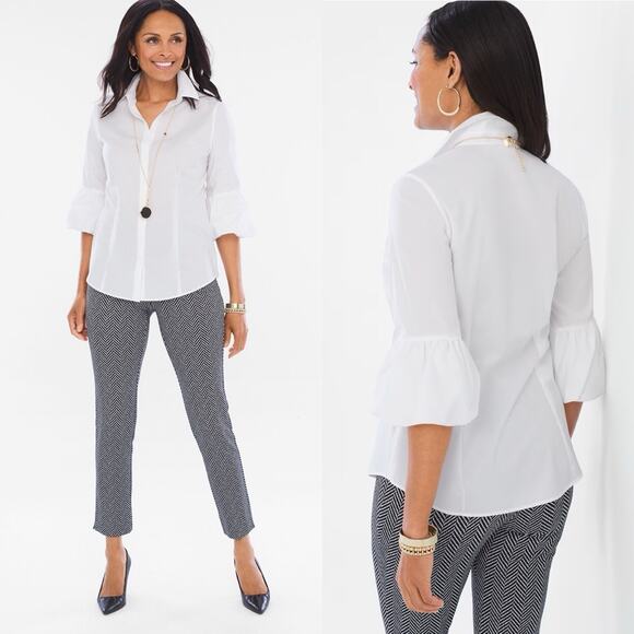 Chico's Women's White No-Iron Bubble-Sleeve Button Up Shirt  Size 3 - Picture 3 of 10